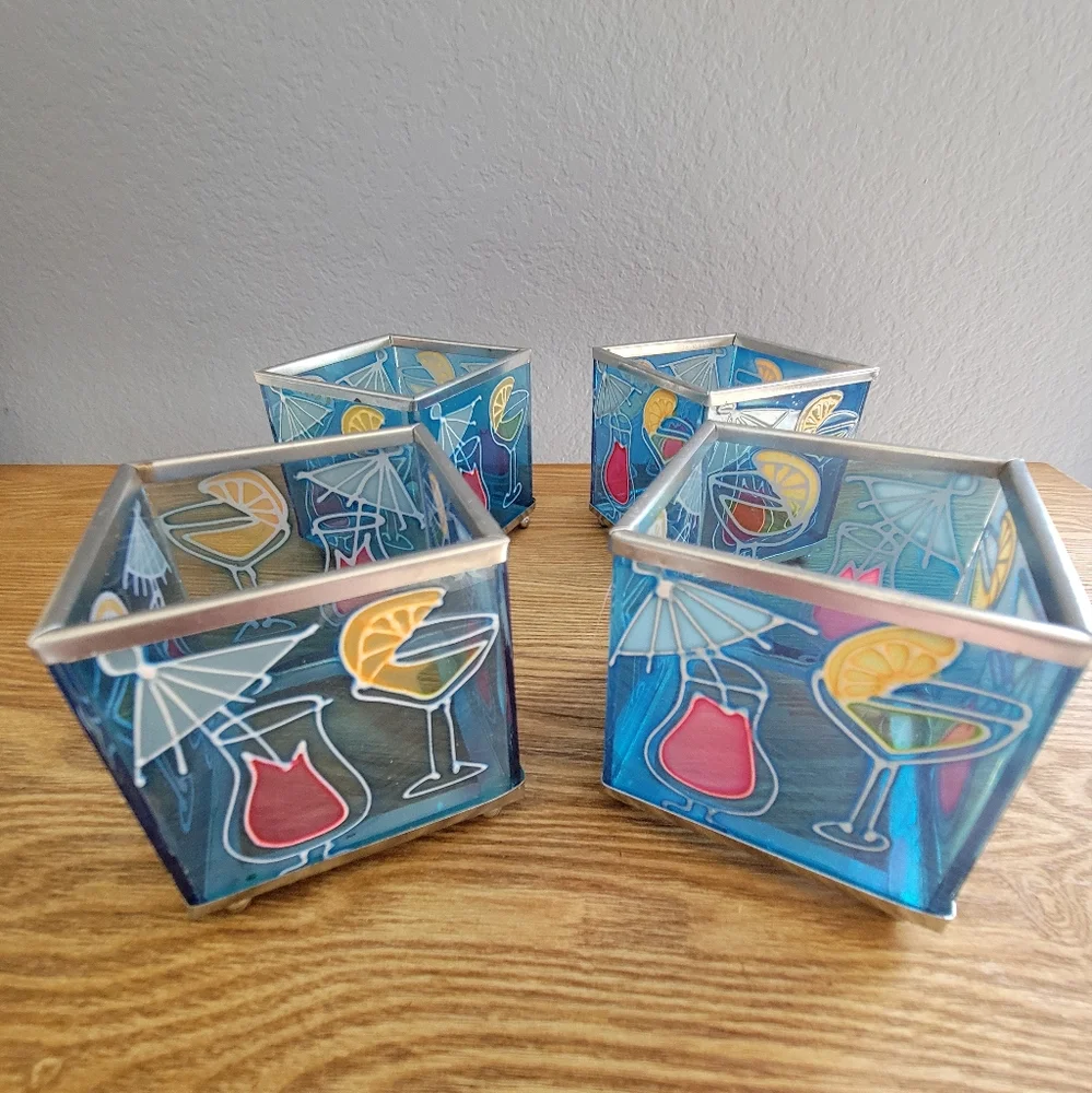 Set of 4 Summer-Themed Cocktail Blue Glass Candle Holders